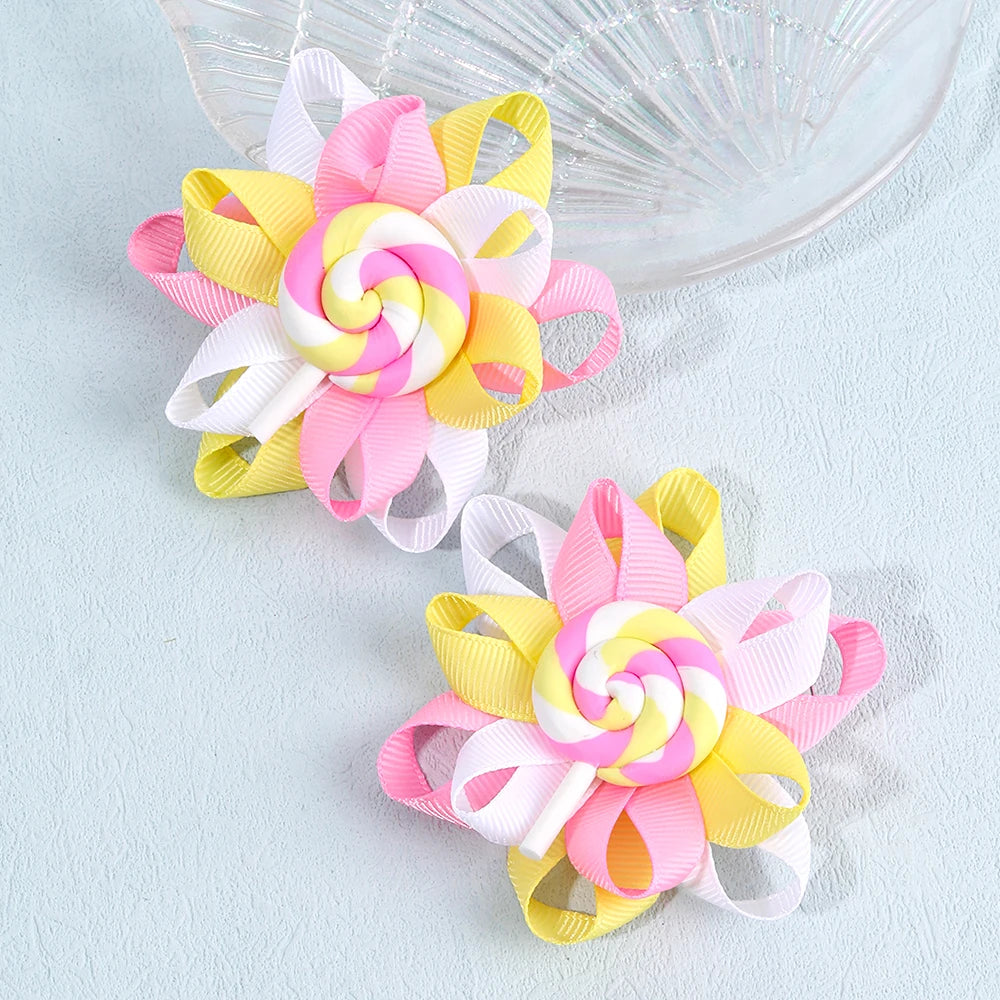 CN 2Pcs Sweet Lovely Flower Ribbon Boutique Hair Bow Summer Rainbow Candy Hair Clip Girls