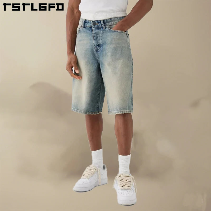 Custom Summer Streetwear Double Layer Waisted Streetwear Oversized Jean Washed  Baggy Shorts Double Waist Band Denim Jorts Men