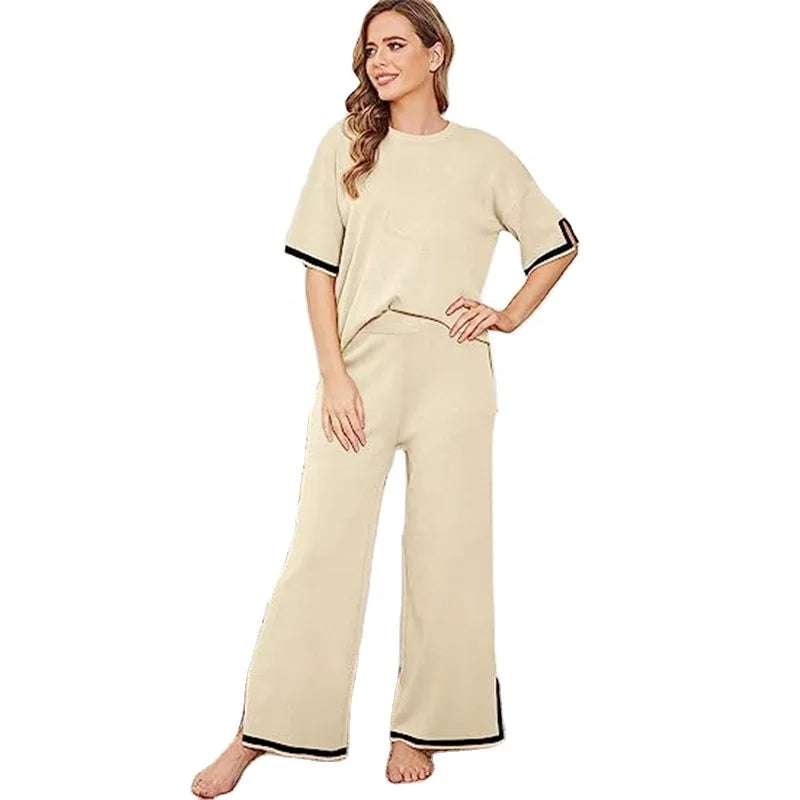 Fashion Women Casual Hot Sale Short Sleeve Knitwear and High Waist  Slimming Wide-Leg Long Pants Two Piece Set