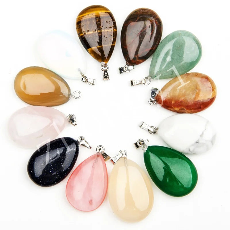 Mixed Color Natural Stone Drop Crystal Pendant Turquoise Opal Tiger Eye Pendant Gemstone Necklace Jewelry