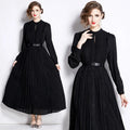 2024 Spring New Floor-Length A-Line V-neck Long Sleeve Black Women's Dress with Zippers Elegant Casual Clothing Wholesale