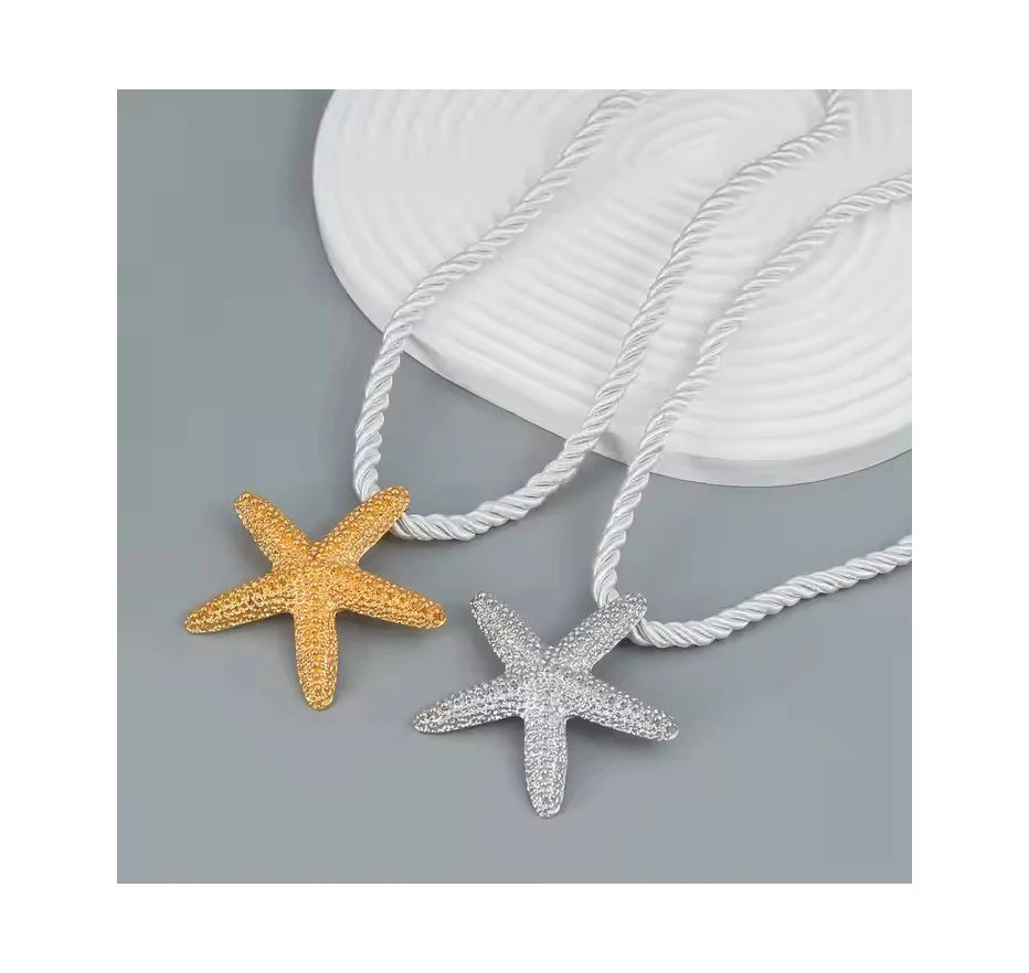 Ocean Series Plated Gold Silver Big Sea Star Pendant Necklace Twisted Hand Woven Rope Starfish Choker Necklace for Women