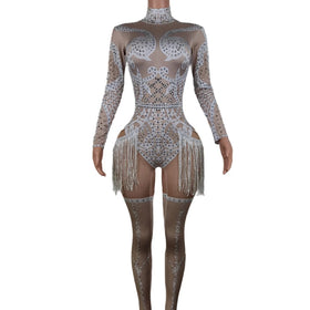 Sexy Long Sleeves Stretch Spandex Rompers Female Dancer Leotard Large Size One Piece Bodysuit Women Rhinestone Tassel Jumpsuits