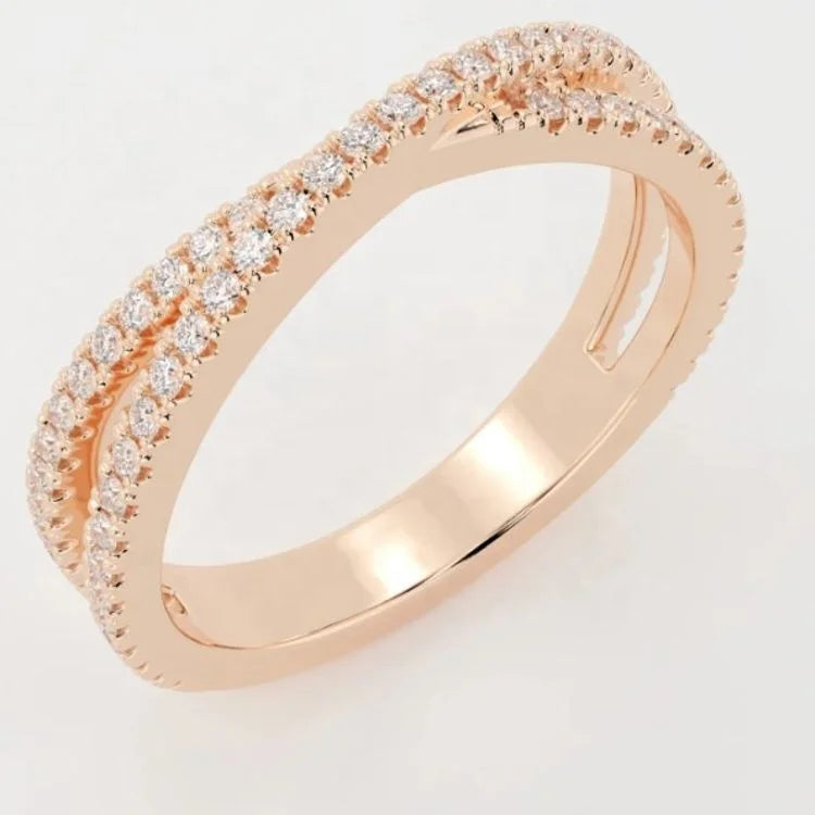 Unique Design Cross Over Double Band 1.5mm U-prong Pave Diamond Rings Women 14k 18k Gold Wedding Ring Engagement