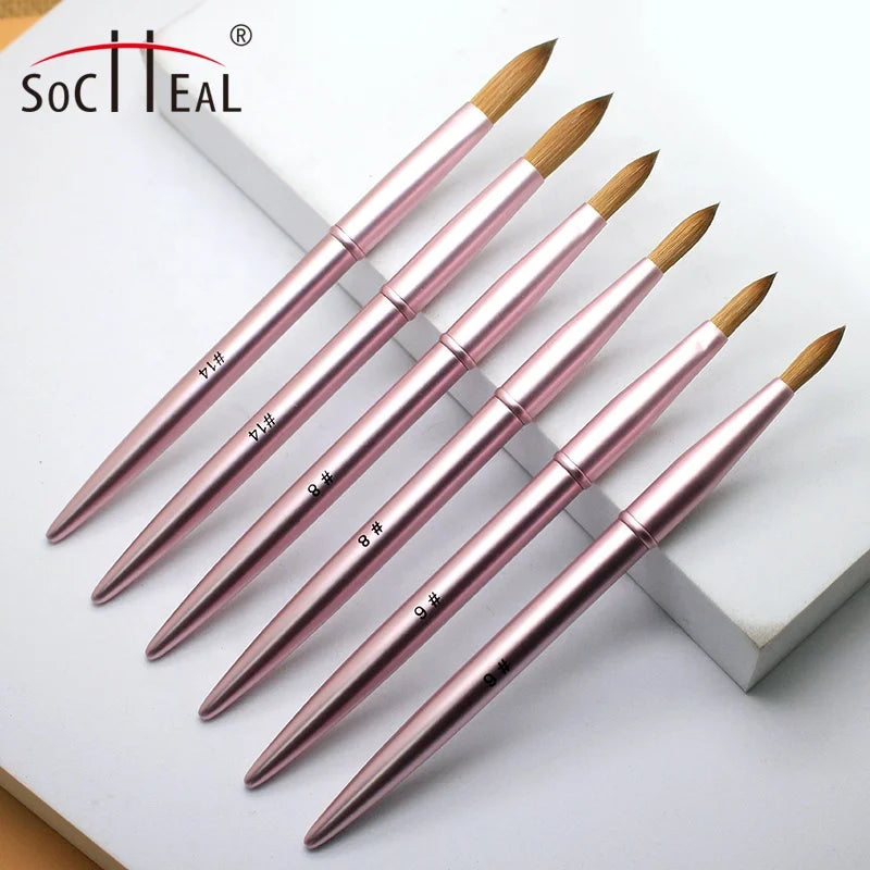 Yalixin Custom Logo Matte Pink Metal Handle Real Kolinsky Hair Round/Crimped Head Acrylic Nail Brush for Acrylic Nails Art