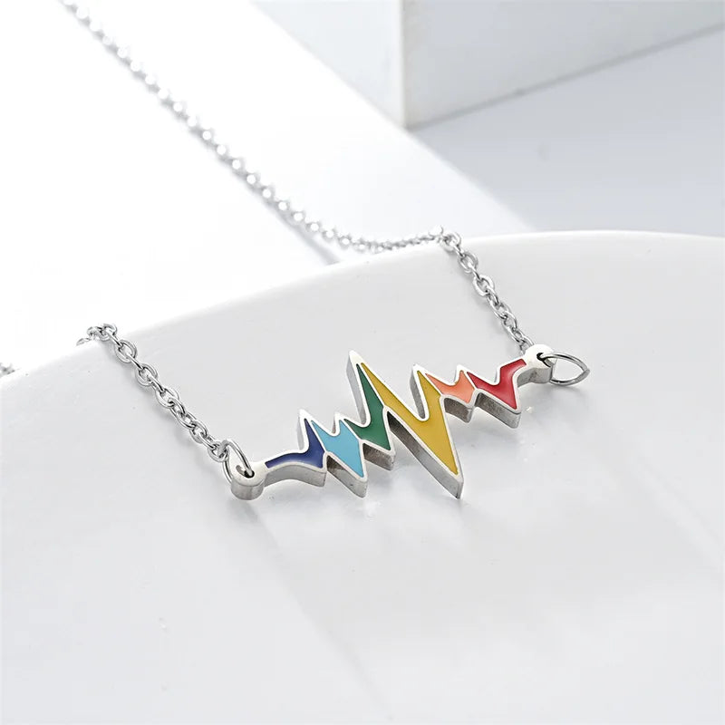DAIHE Fashion Design Stainless Steel Full Heartbeat rainbow Heartbeat Necklace