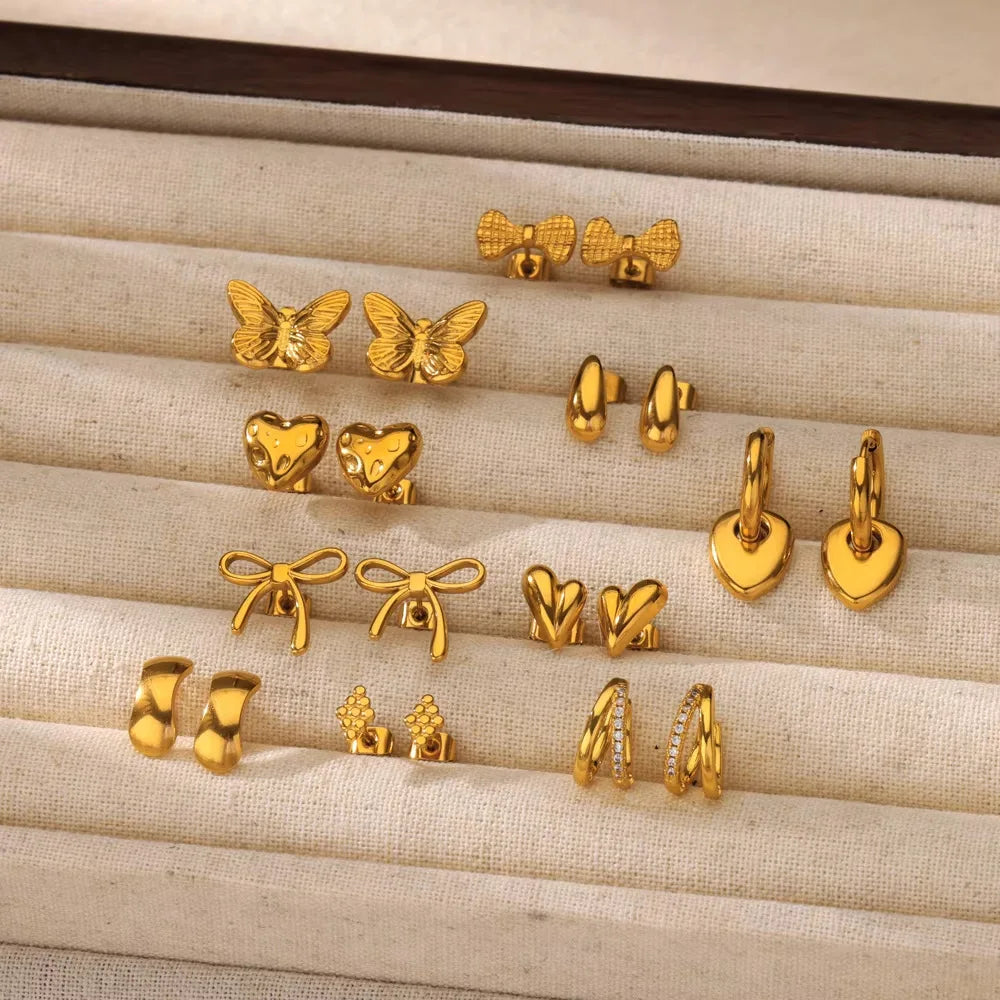 2025 Fashion Waterproof 18k Gold Plated Stainless Steel Stud Earrings Heart Earrings Bow Earrings for Women and Girls