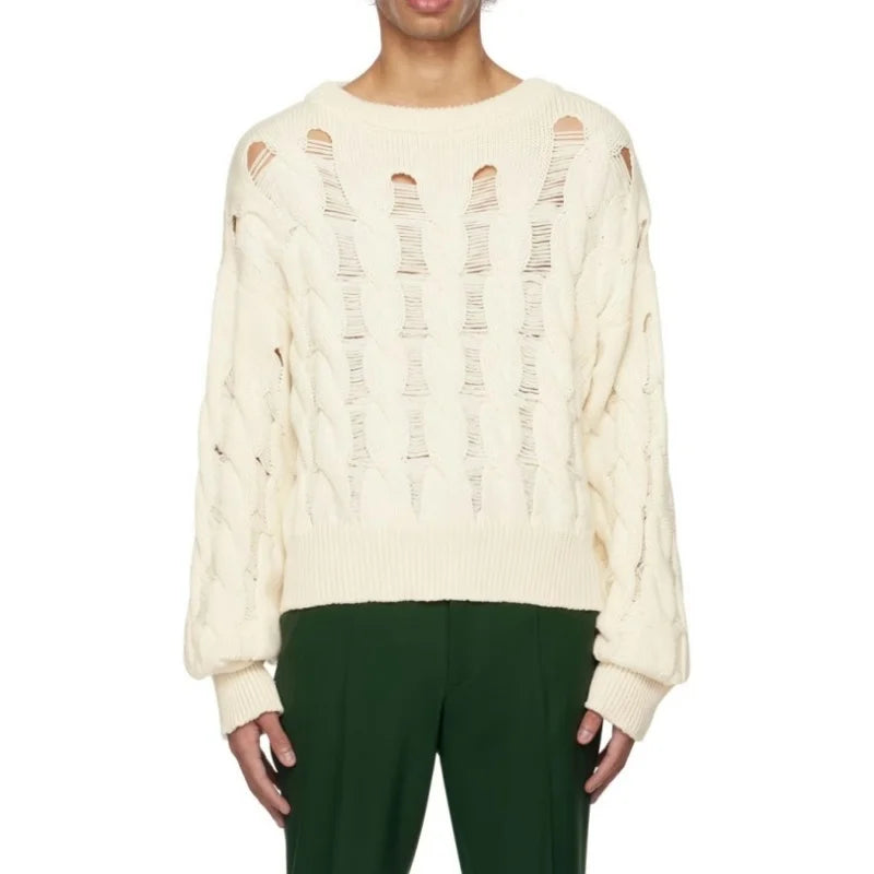 Lazy Style Senior Sense Ladder Hollow Crochet Dropped Shoulders Cable Knit Extrafine Merino Wool Anti-Shrink Pullover Custom