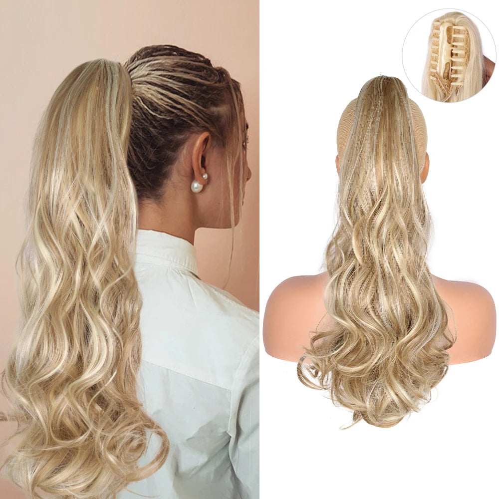 Natural Long Curly Synthetic Ponytail Hair Extension with Collar Clip Heat Resistant Body Wave Clamp-On Synthetic Hair Extension