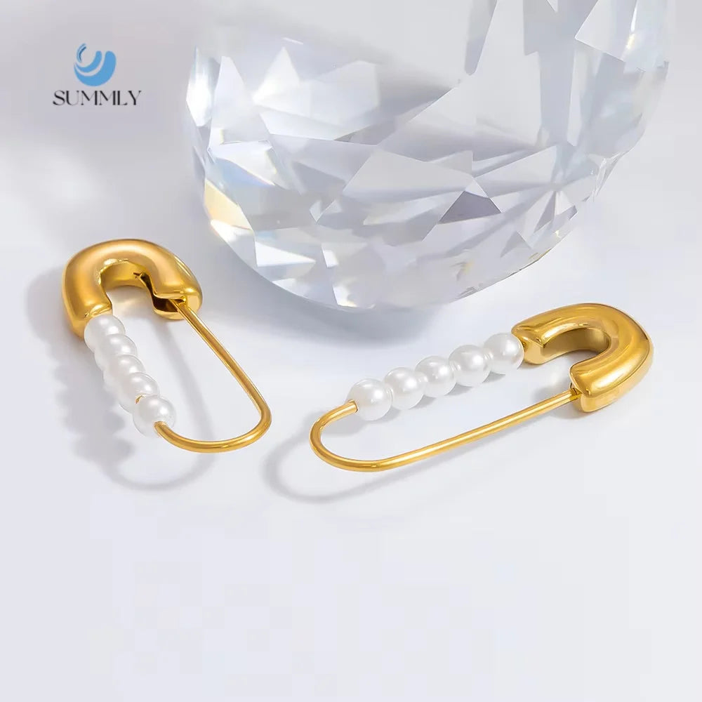 SUMMLY Trend Wholesale Classic Paper Clip Shape 18K Gold Plated Stainless Steel Pearl Earrings Fashion Jewelry
