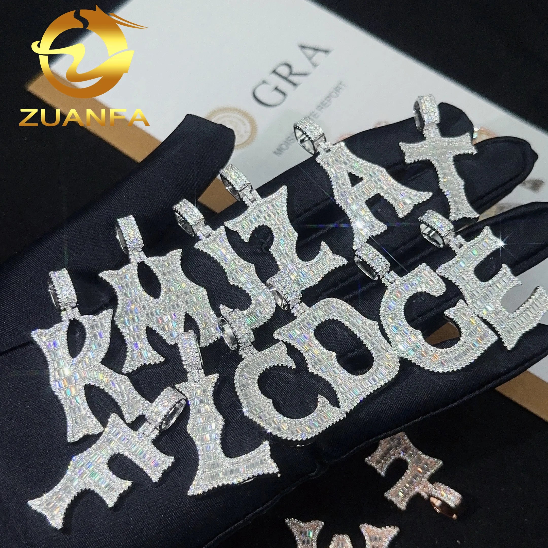 20 Letters  New Arrival Baguete Cut Iced Out Pendant 925 Silver Moissanite Hip Hop Letter Pendant Necklace Pass Diamond Tester
