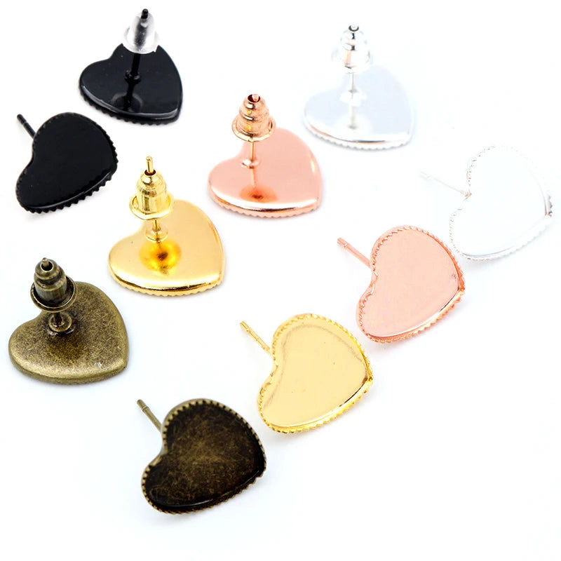 20pcs/lot 12mm Heart Earring Studs Blank Base Fit 12mm Glass Cabochons Earrings Bezel Trays DIY Earrings Supplies Accessories