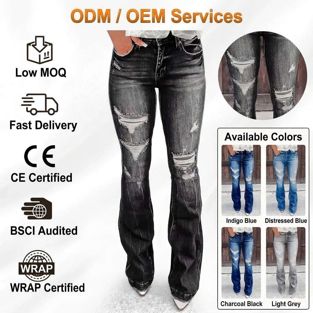 Ladies Distressed Jeans Pants Ropa De Mujer Women Skinny Ripped Denim Jeans Bootleg Trousers