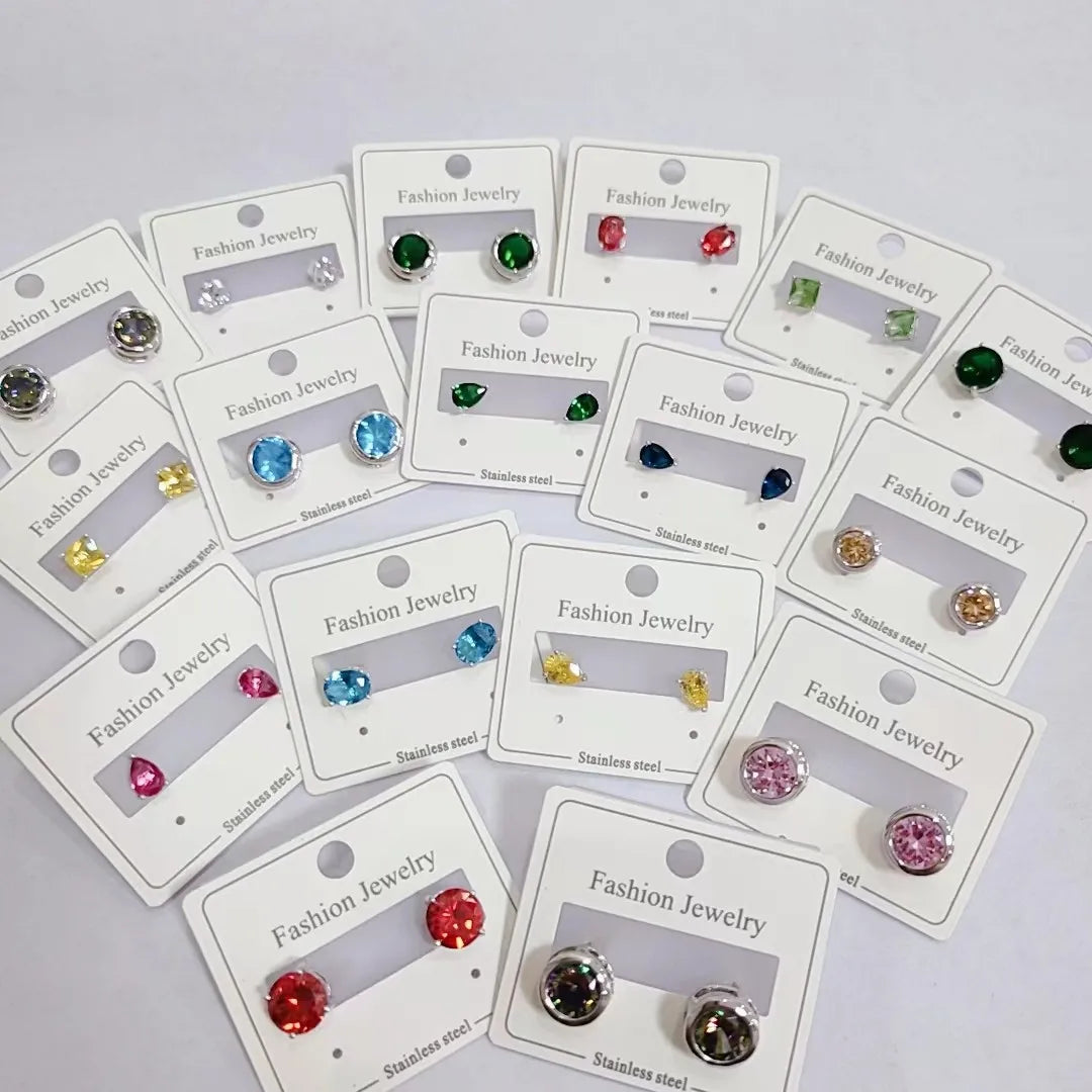 Factory Price Round Diamond Studs Earring Multi Colored Stone Zircon Sweet Silver Needle Diamond Multi Color Earrings