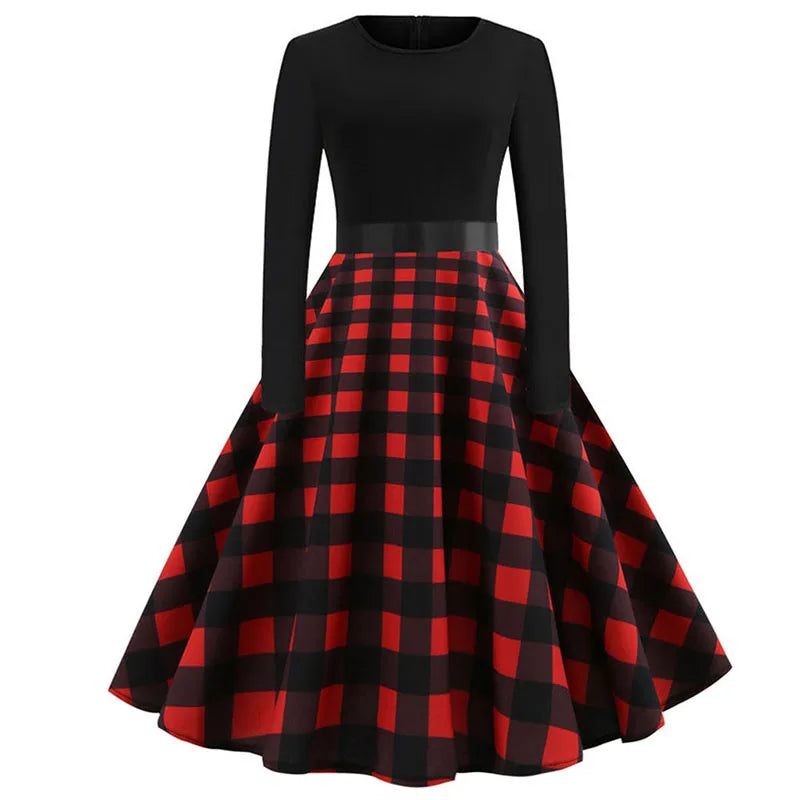 Women Long Sleeve Plaid Print Winter Dress Casual Black Patchwork Vintage Rockabilly Dress Robe Slim Elegant Party Vestidos