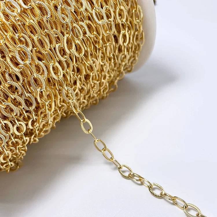 Factory Wholesale Chain Roll 14K Gold Plated Textured Oval Chain 7.5x5mm 10 Meters for Jewelry Making