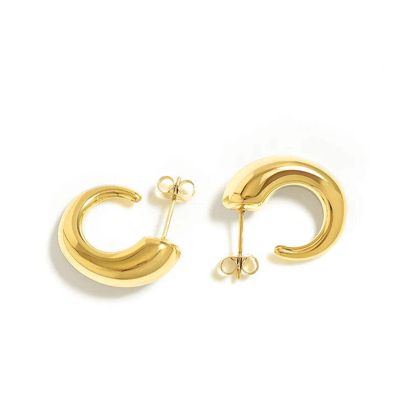 Vintage Thick 18K Gold Plated Hoops Earrings Stainless Steel Hypoallergenic Waterproof Geometric Chunky Trendy Women
