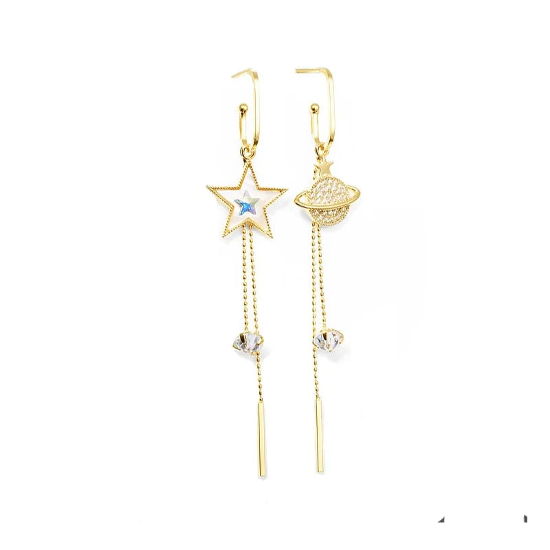 2023 Korean Style New 925 Silver Needle Pin Five-pointed Star Earth Tassel Asymmetric Temperament Long Earrings