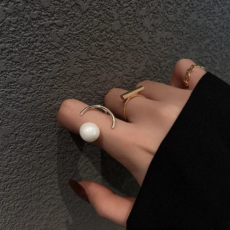 SC Gold Plated Trend 3pcs  Ring Set  Opening Adjustable Finger Rings Women Bohemian Jewellery Fashion Pearl Moon Rings