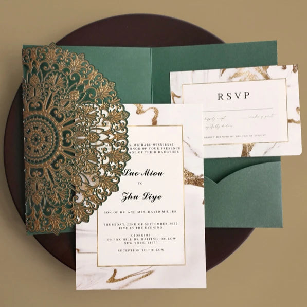 Luxury Laser Cut Emarald Green Wedding Invitation Letterpress Carte D'invitation De Mariage Quinceanera Convites De Casamento