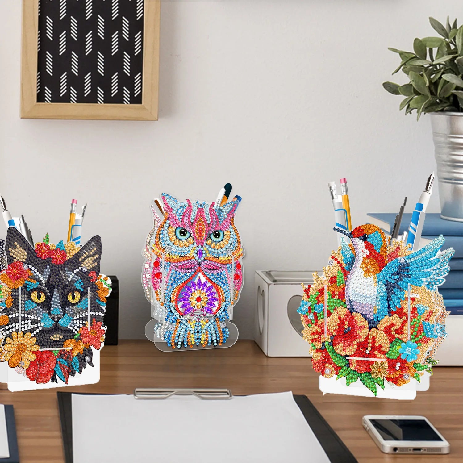 LS Creative DIY Diamond Painting Pen Container Kit Cartoon-Style Printed Desktop Pen Storage Accessories with Flower Subject
