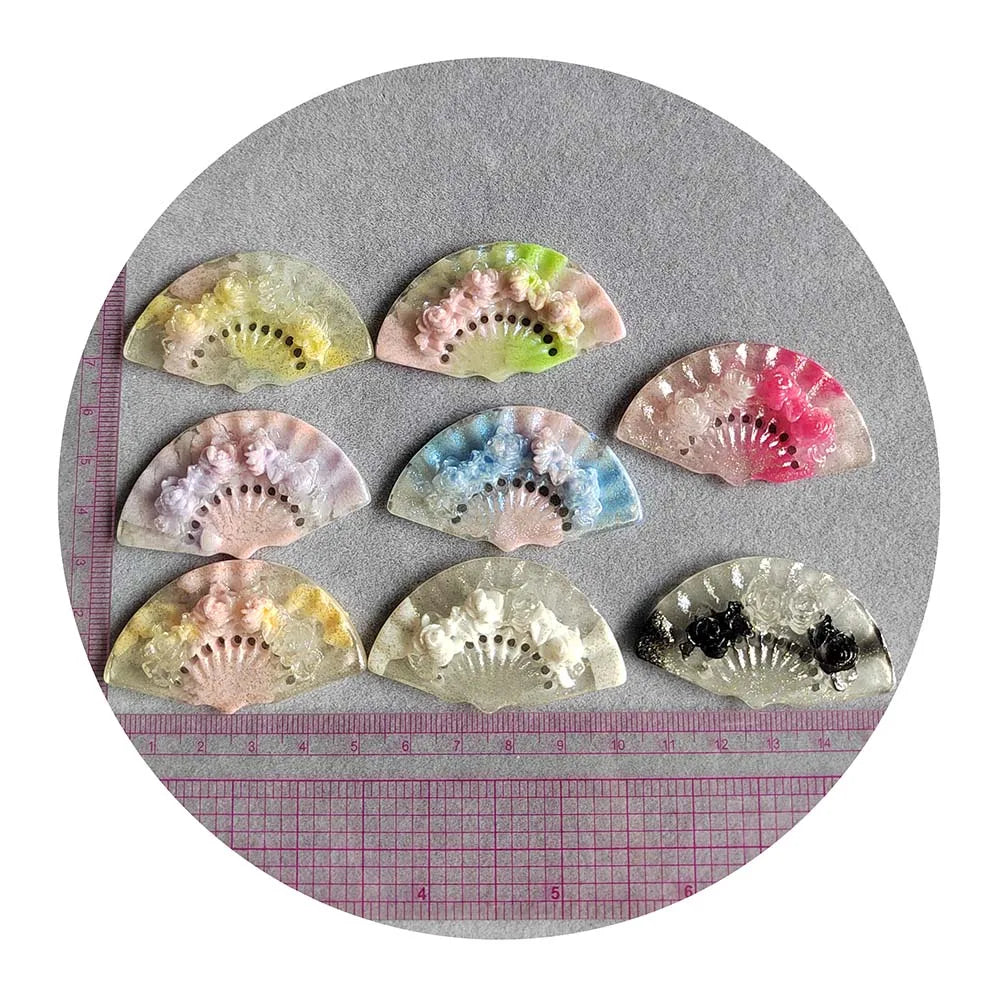 Vintage Fan Resin Flatback Cabochons Cute Charms Lovely Fan-shape with Rose Design Embellishments