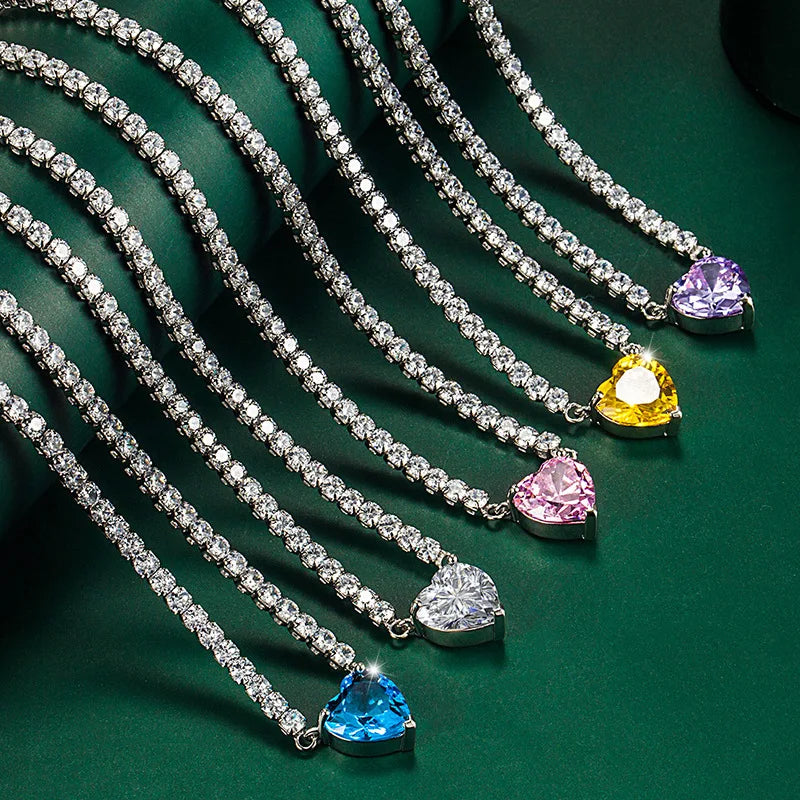 Luxury Jewelry Silver Plated Diamond Zircon Love Heart Shape Necklace Yellow Topaz Pink Heart Tennis Necklace