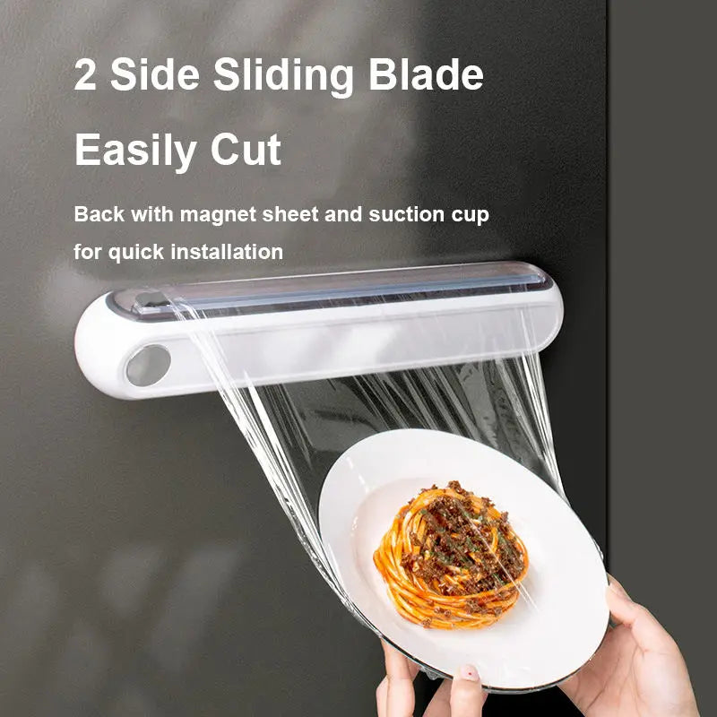 Plastic Wrap Dispenser with Slide Cutter Reusable Cling Film Dispenser Double Elastic Buckle Adjustable Length