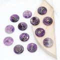 25mm Round Amethyst Witches Runes Set of 13 Healing Crystal Stone with Engraved Gypsy Symbol for Meditation Divination