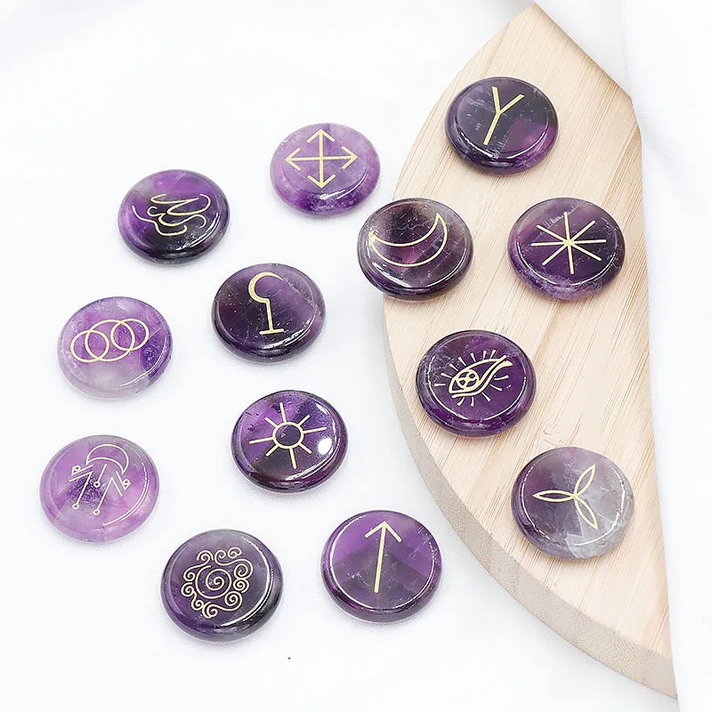 25mm Round Amethyst Witches Runes Set of 13 Healing Crystal Stone with Engraved Gypsy Symbol for Meditation Divination