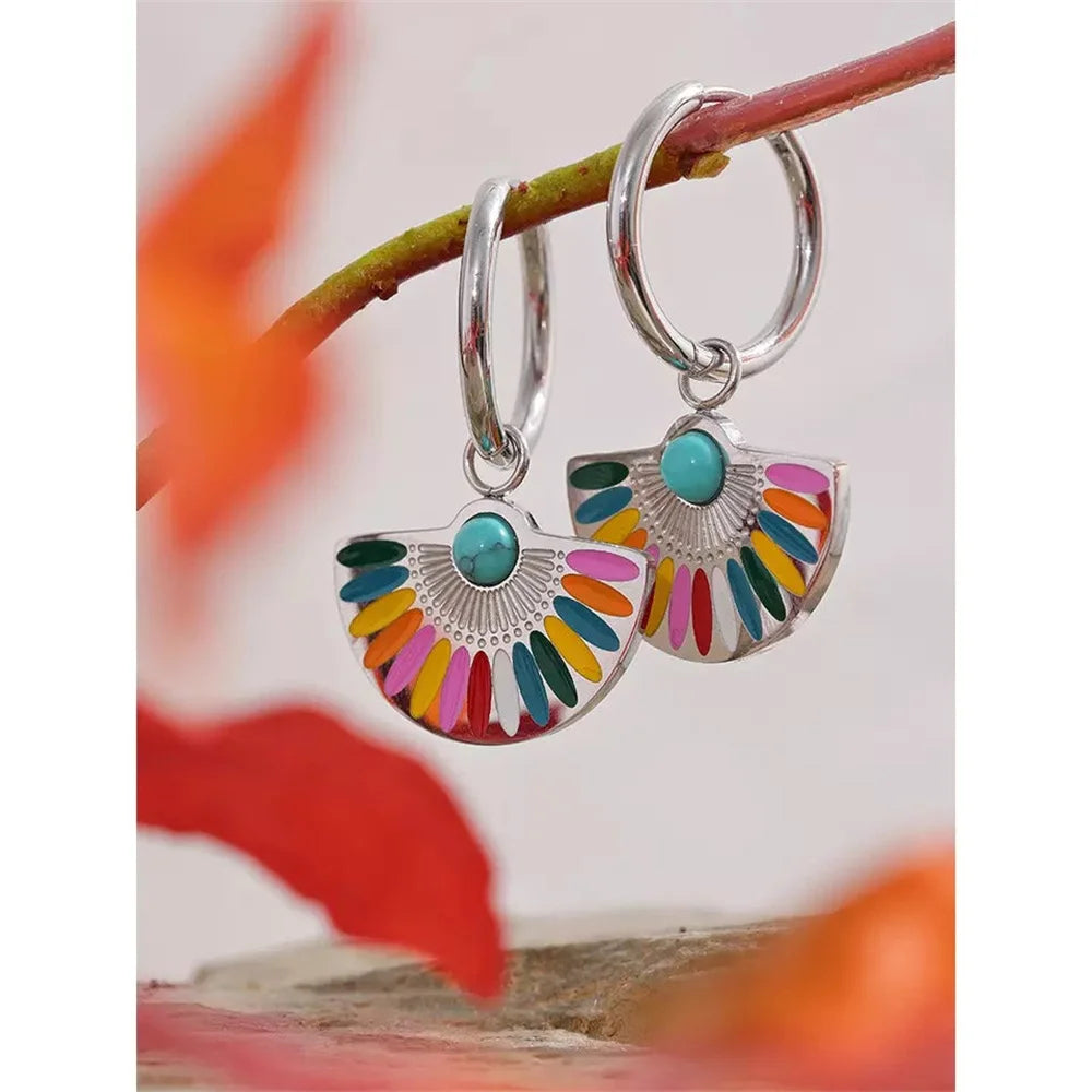 RTS Fashion Boho Dangling New Earrings Gemstone Jewelry Stainless Steel Enamel Bohemian Turquoise Charm Rainbow Earrings