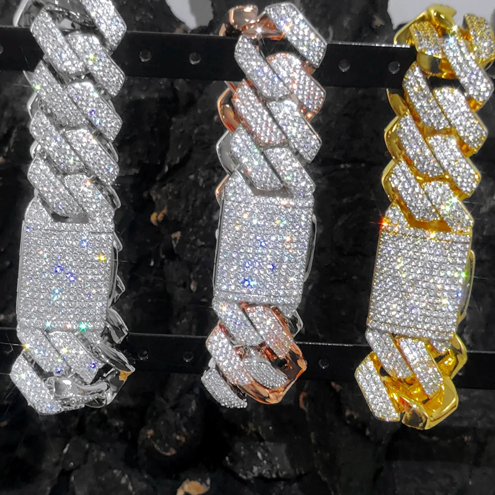 NUOYA Men's and Women's Fine Jewelry 20mm Gold Silver Cuban Link Chain Hip Hop Shiny Iced Diamond Cuban Link Bracelet