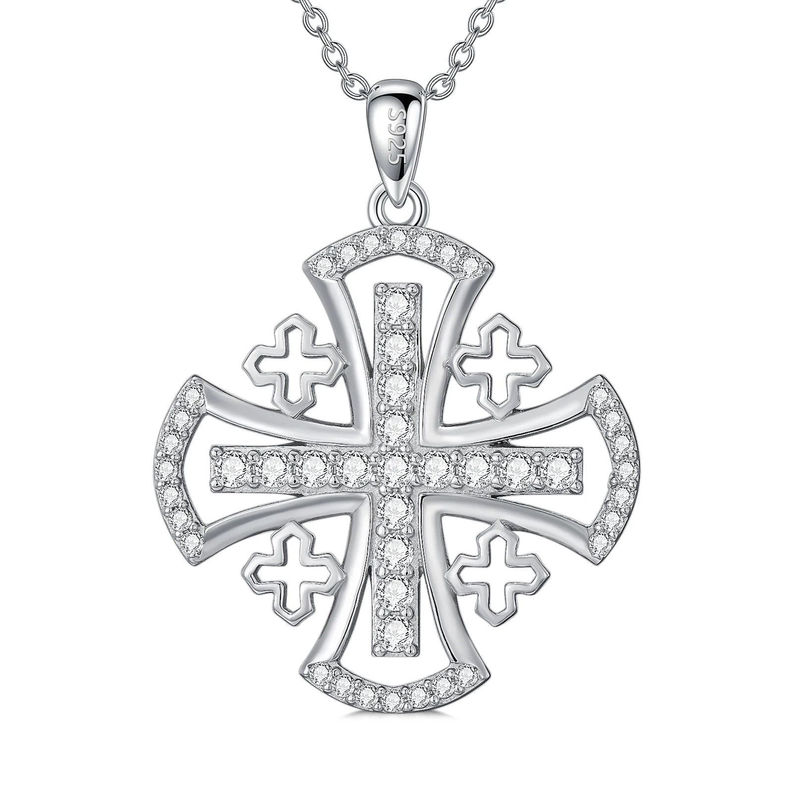 Wholesale Religious Jewelry 925 Sterling Silver Cubic Zircon Jerusalem Cross Pendant Necklace