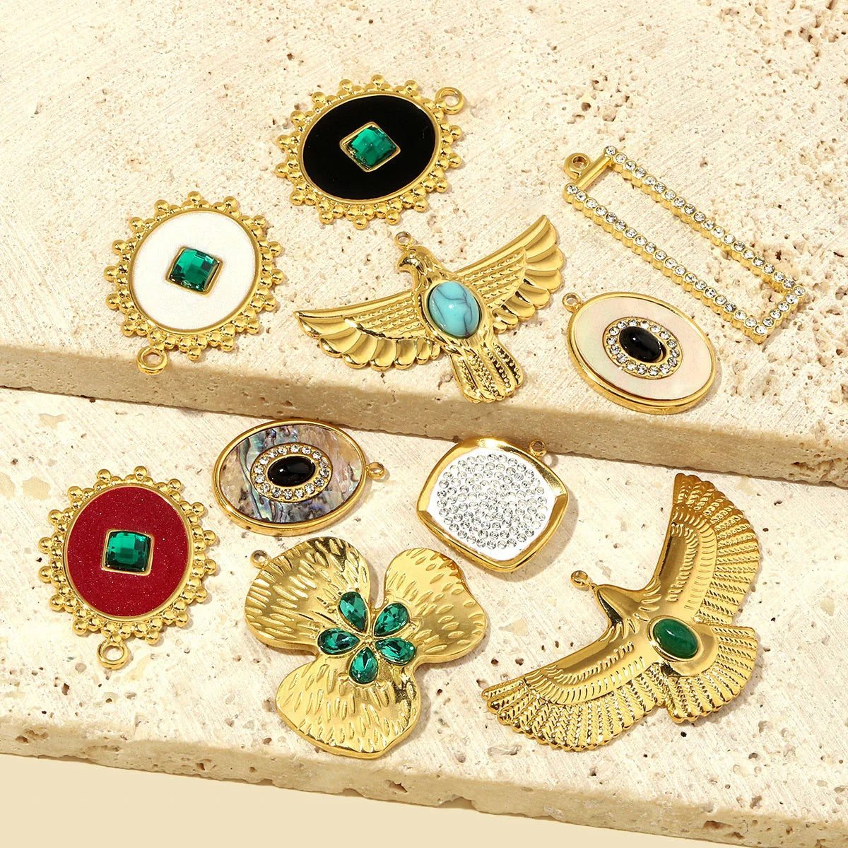 Beimai OEM Accessories Eagle Natural Stone Oil Encrusted Diamond Flower Stainless Steel Jewelry Necklace Pendant