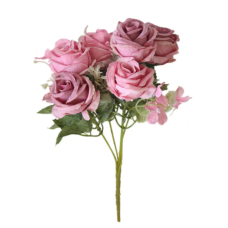 Wholesale 6 Heads Silk Roses Bushes Artificial Flowers Rose Bouquet for Wedding Bridal Bouquet