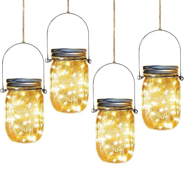 Christmas Outdoor Garden Decor IP65 Rated 4-Piece LED Solar Glass Mason Jar Hanging Lights