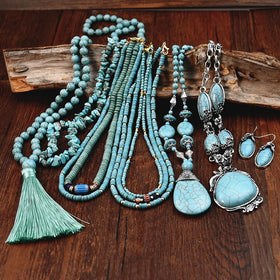 Turquoise Collar Ethnic Style Silver Boho Pendant Choker Necklaces Vintage Alloy Synthetic Turquoise Necklaces for Women