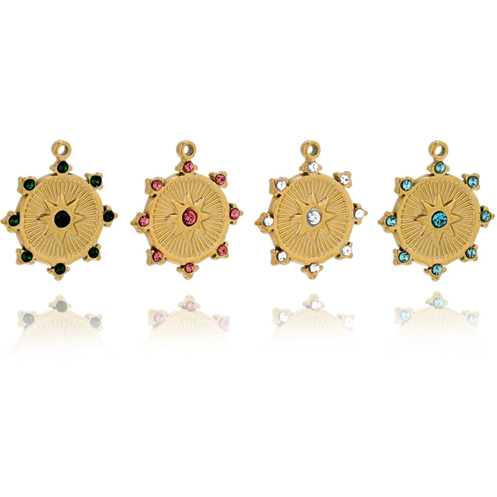 5Pcs Stainless Steel Round Diamond Setting Sun Charms Pendants for DIY Necklace Supplies Earrings Materials Jewelry Findings