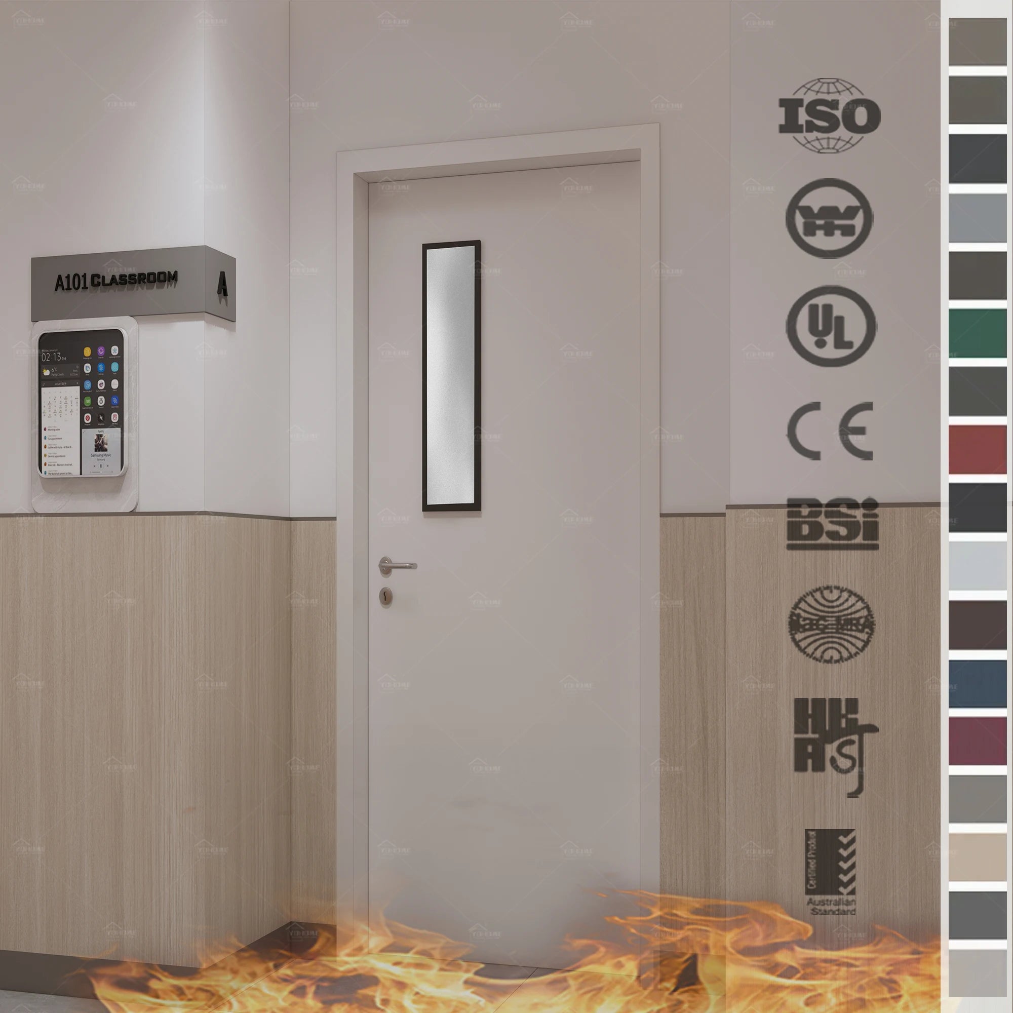 China Fire Doors Manufacturer Custom HPL Wood Fire Resistant Door With Vision Panel Sound STC 40 School Wood Fire Safety Doors