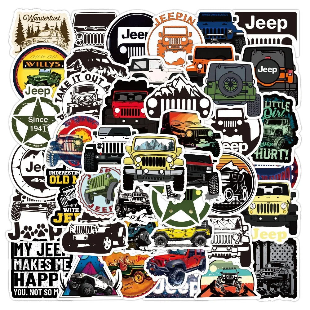 50pcs Cool jeep Car Set PVC Waterproof Wholesale Stickers for Kids Laptop Cup Luggage Notebook Skateboard Bottle Decoration