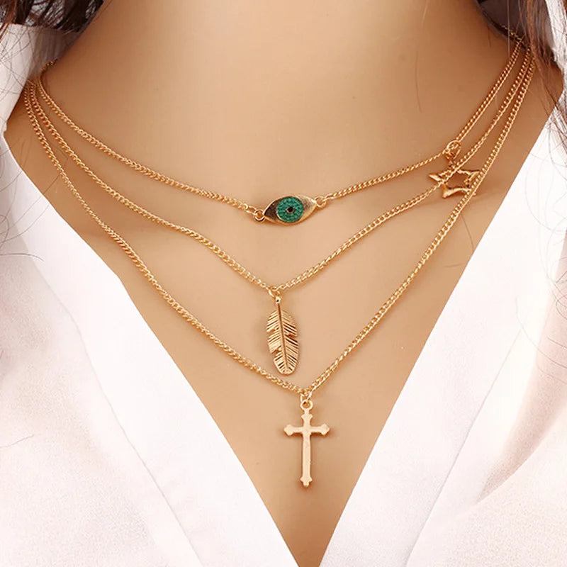 Fashion Necklace Jewelry Set Gold Plated Lock Multilayer Eye Cross Pendants Necklaces for Women