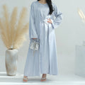 Loriya Islamic Clothing 3 Pieces Modest Abaya Satin Sets Inner Dress Middle Wrap and Open Abaya Muslim Kaftan Luxury Abaya Dubai