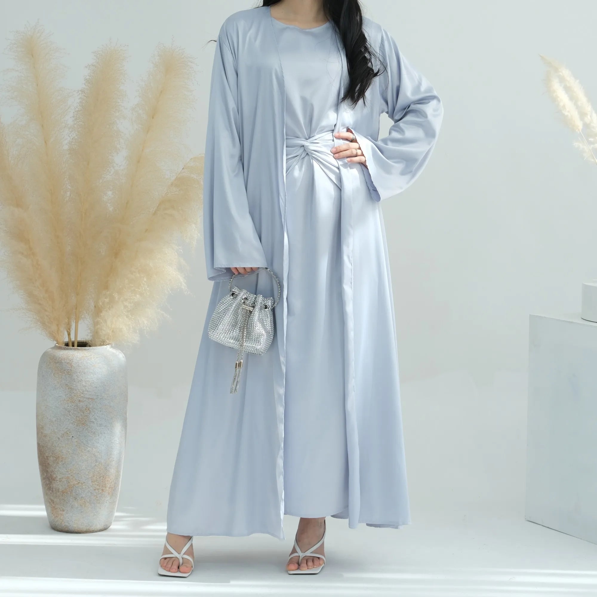 Loriya Islamic Clothing 3 Pieces Modest Abaya Satin Sets Inner Dress Middle Wrap and Open Abaya Muslim Kaftan Luxury Abaya Dubai