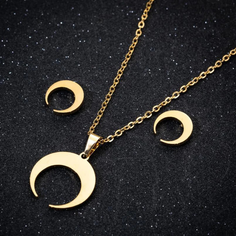 Fashion PVD Plated 18K Gold Silver Stainless Steel Necklace Earring Crescent Moon Jewelry Set for Women