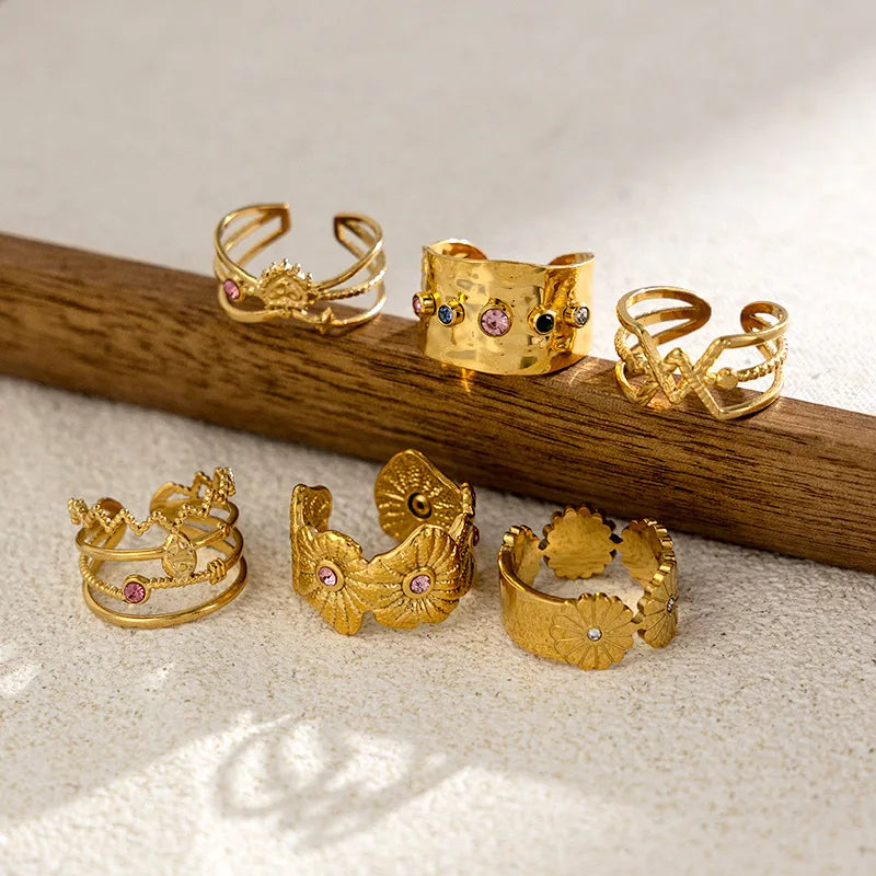 18K Gold Plated Stainless Steel Hollow Zircon Ring High-Grade Sense Ring Stylish Flower Rings