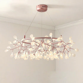 Nordic LED Firefly Chandeliers Acrylic Ring Branch Leaves Rose Gold Pendant Hanging Lamps Bedroom Living Room Lustre Lighting