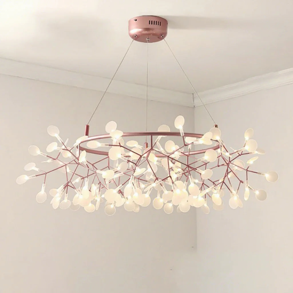 Nordic LED Firefly Chandeliers Acrylic Ring Branch Leaves Rose Gold Pendant Hanging Lamps Bedroom Living Room Lustre Lighting