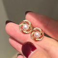 Gold Plated Twisted Silk Inlaid Diamonds Gilded Sunflower AAAA Grade Freshwater Bread Pearl Stud Earrings 5-6mm Luxurious