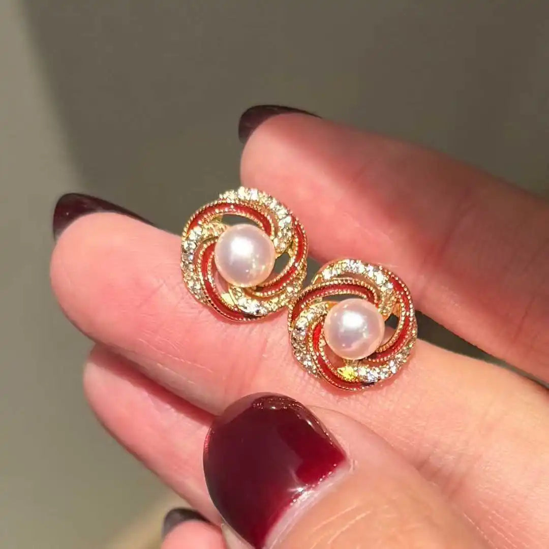 Gold Plated Twisted Silk Inlaid Diamonds Gilded Sunflower AAAA Grade Freshwater Bread Pearl Stud Earrings 5-6mm Luxurious