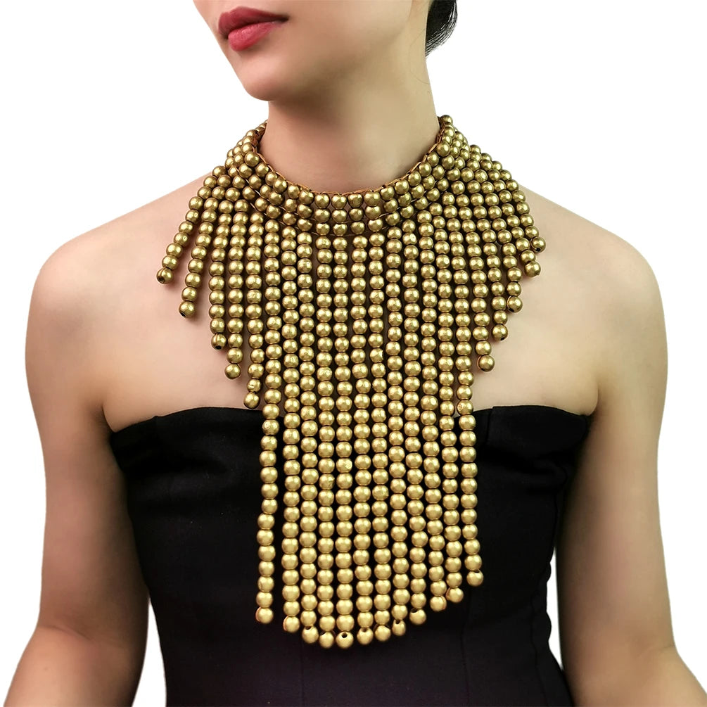 New European American Exaggerated Painted Wood Beads Long Tassels Necklace Handmade Beaded Personalized Wooden Necklace